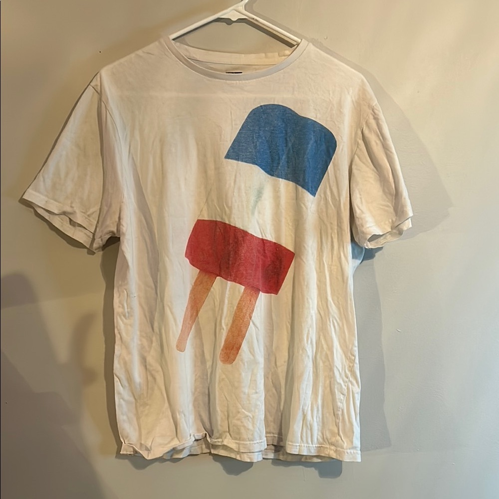White and Blue Short Sleeve Tee with Popsicle Graphic